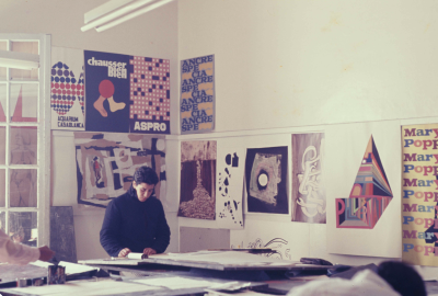 Mohammed Chabâa graphic design studio at the Casablanca Art School, 1966. Photo: M. Melehi © M. Melehi archives/estate.