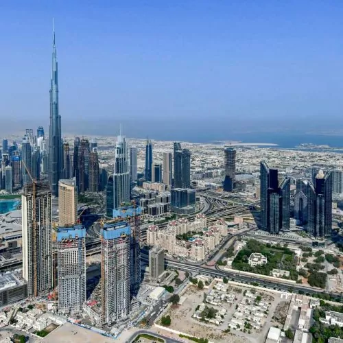 This picture taken on July 8, 2020 shows an aerial view of the Burj Khalifa skyscraper, the tallest structure and building in the world, in the Gulf emirate of Dubai, during a government-organised helicopter tour. (Photo by KARIM SAHIB / AFP) (Photo by KARIM SAHIB/AFP via Getty Images)