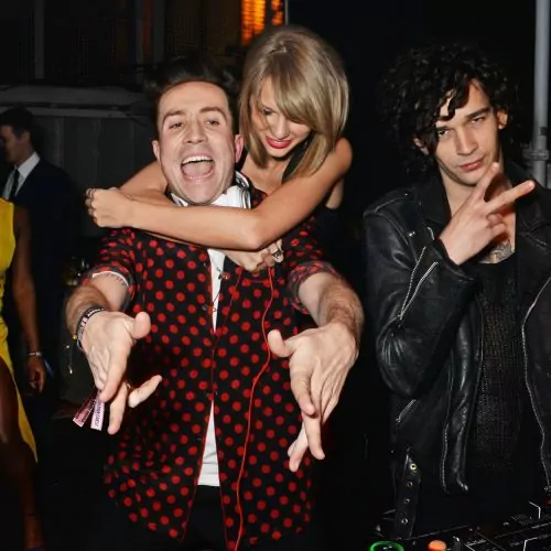 LONDON, ENGLAND - FEBRUARY 25:  (L to R) Nick Grimshaw, Taylor Swift and Matt Healy attends the Universal Music Brits party hosted by Bacardi at The Soho House Pop-Up on February 25, 2015 in London, England.  (Photo by David M. Benett/Getty Images for Soho House & Bacardi)